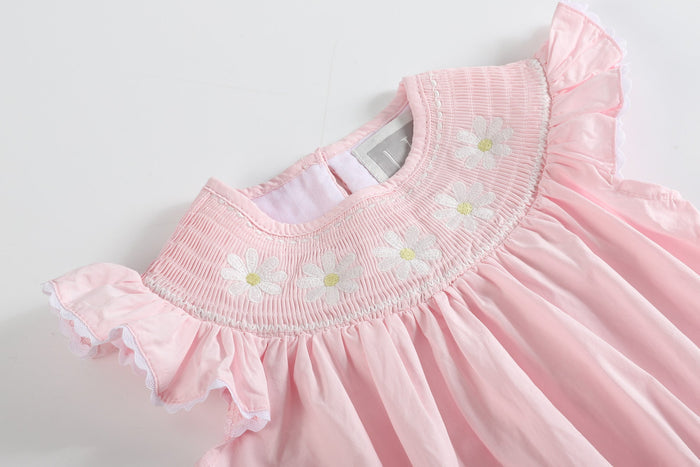 Light Pink Daisy Smocked Ruffle Romper - Lil Cactus