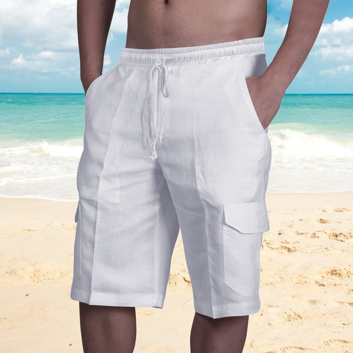 Linen shorts with multiple pockets and drawstring for men's beach work pants