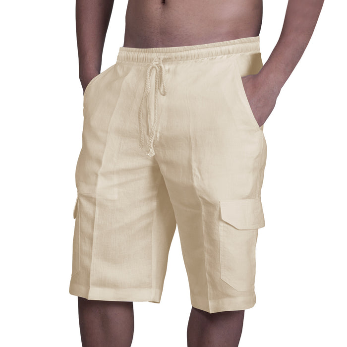 Linen shorts with multiple pockets and drawstring for men's beach work pants