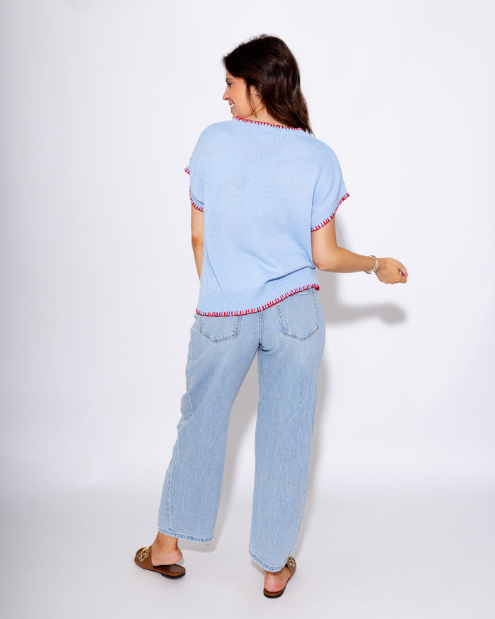 Lobster Embroidered Knit Top in Blue