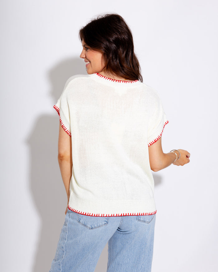 Lobster Embroidered Knit Top in Cream