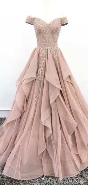 Long Prom Dress 2021 Off the Shoulder Lace Tulle Ruffle Horsehair Skirt
