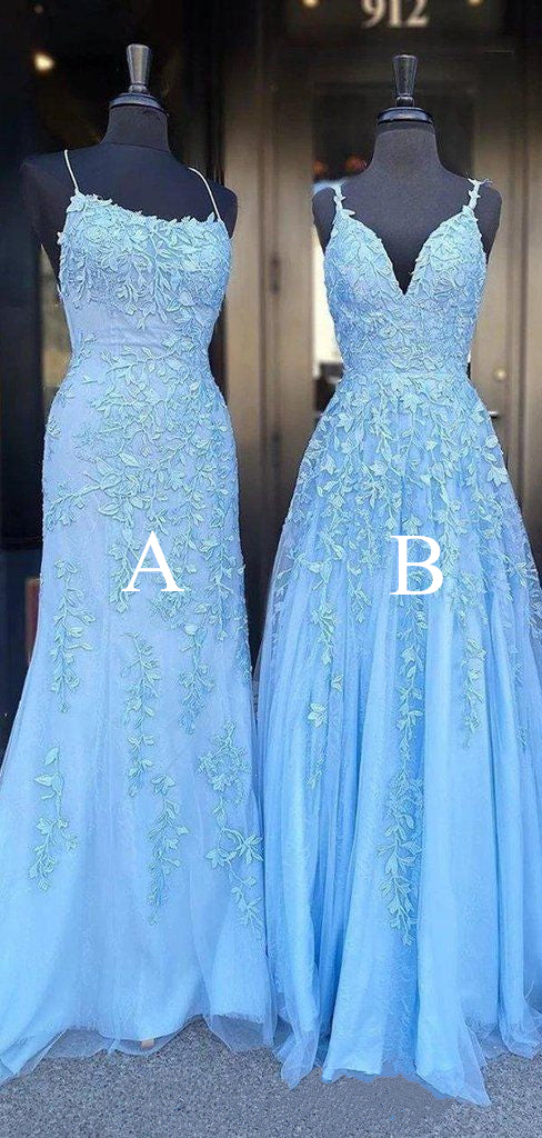 Long Prom Dress 2022 Blue Spaghetti strap with Lace Appliques