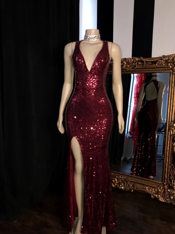 Long Prom Dress 2022 Mermaid Deep V-neck Sequin with Slit