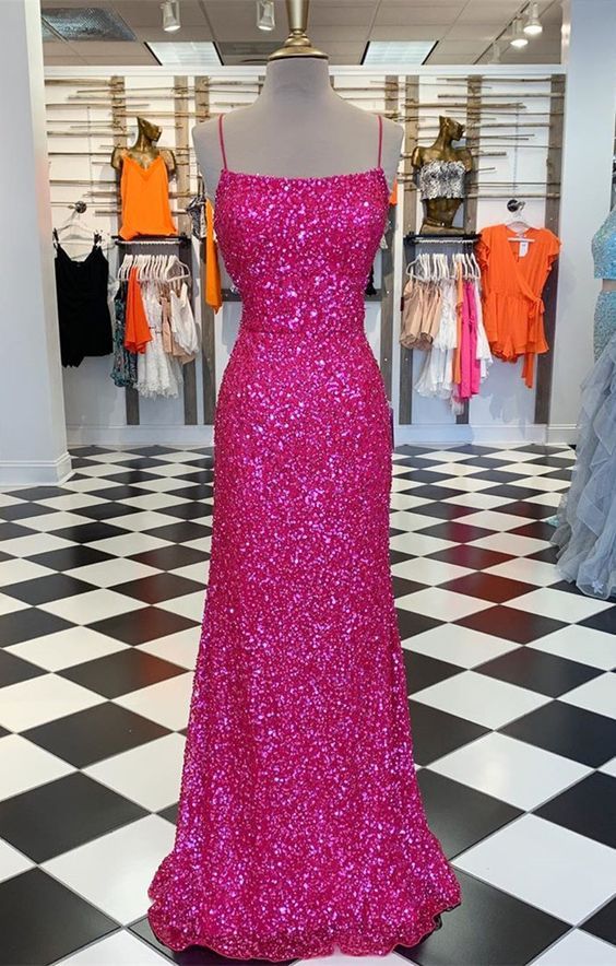 Long Prom Dress 2022 Spaghetti Strap Fuchsia with Sequin