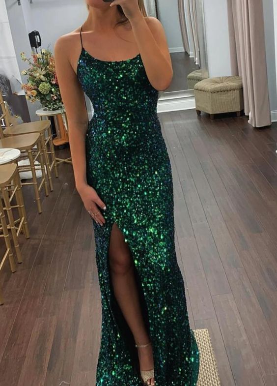 Long Prom Dress 2023 Sheath Bodycon Spaghetti Straps Sequin with Slit Sparkle&Shine