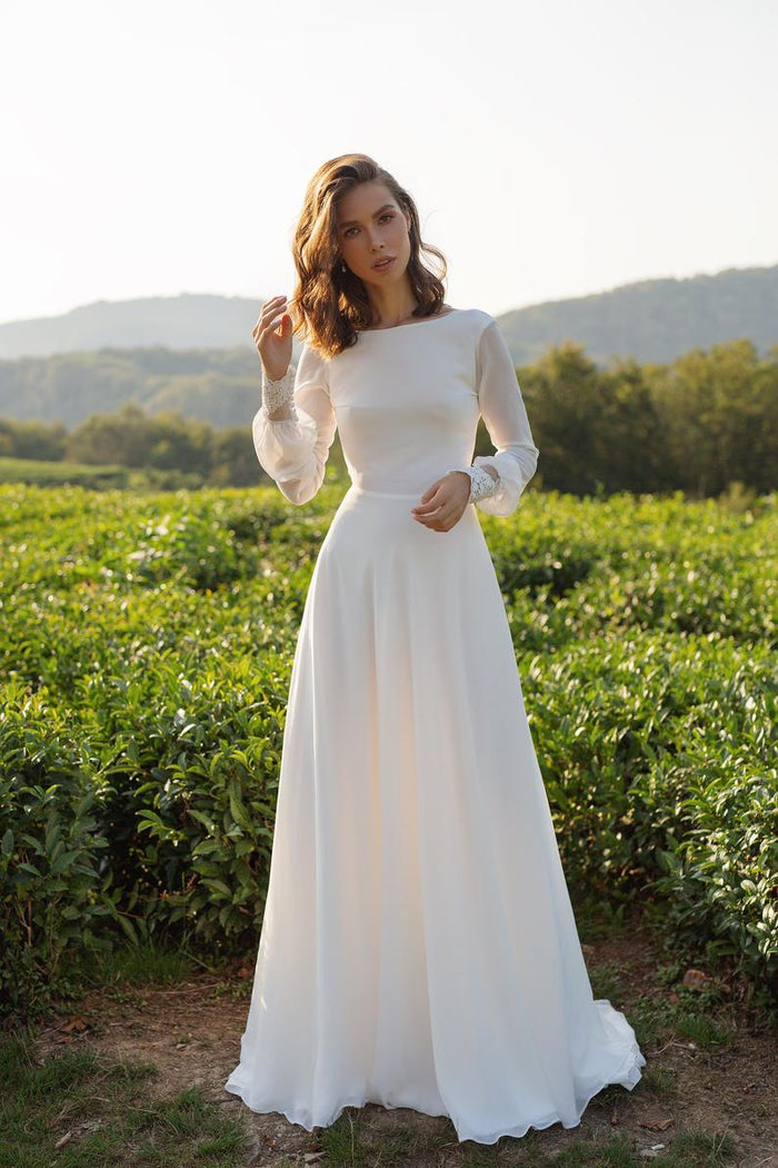 Long Sleeves Wedding Dress 2021 Ivory Chiffon Maxi Dress with Lace Cuff & Back