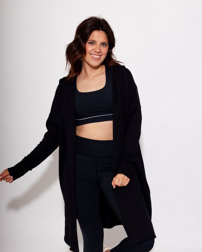 Longline Hoodie Cardigan in Black