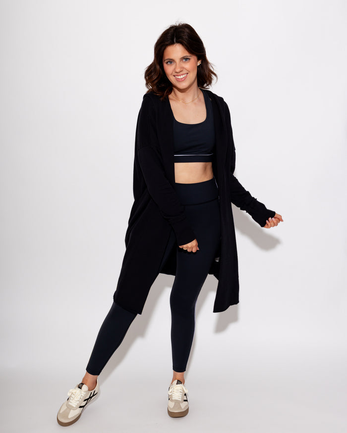 Longline Hoodie Cardigan in Black