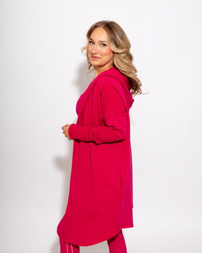 Longline Hoodie Cardigan in Plum Pink