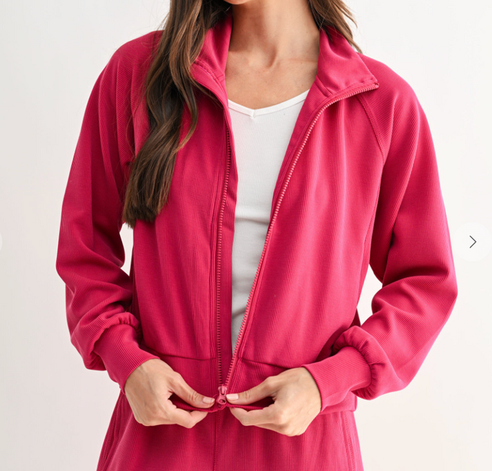 Luxe Wash Rib Zip Jacket in Plum Pink