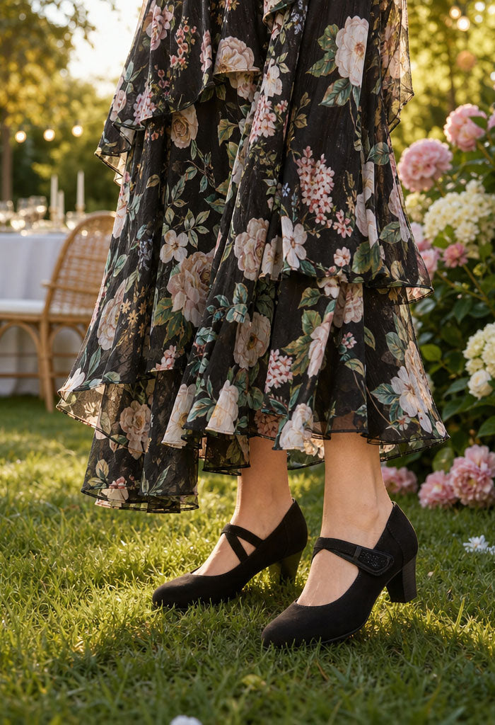 black block heels in a mary jane style dancing shoe
