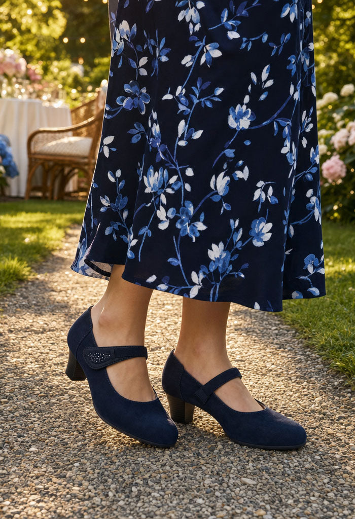 Person wearing a navy floral dress and navy shoes on a gravel path with greenery in the background