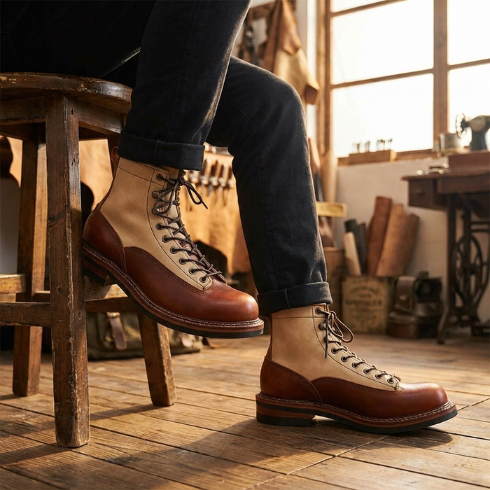 Men Genuine Leather Cowboy Work Boots – Premium Top-Grain Cowhide Lace-Up Motorcycle Western High-Top Ankle Boots
