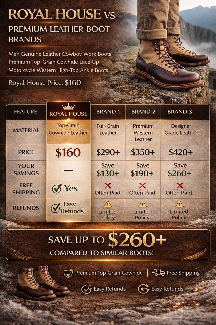Men Genuine Leather Cowboy Work Boots – Premium Top-Grain Cowhide Lace-Up Motorcycle Western High-Top Ankle Boots