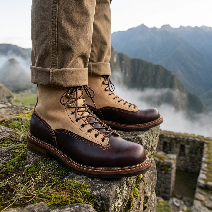 Men Genuine Leather Cowboy Work Boots – Premium Top-Grain Cowhide Lace-Up Motorcycle Western High-Top Ankle Boots