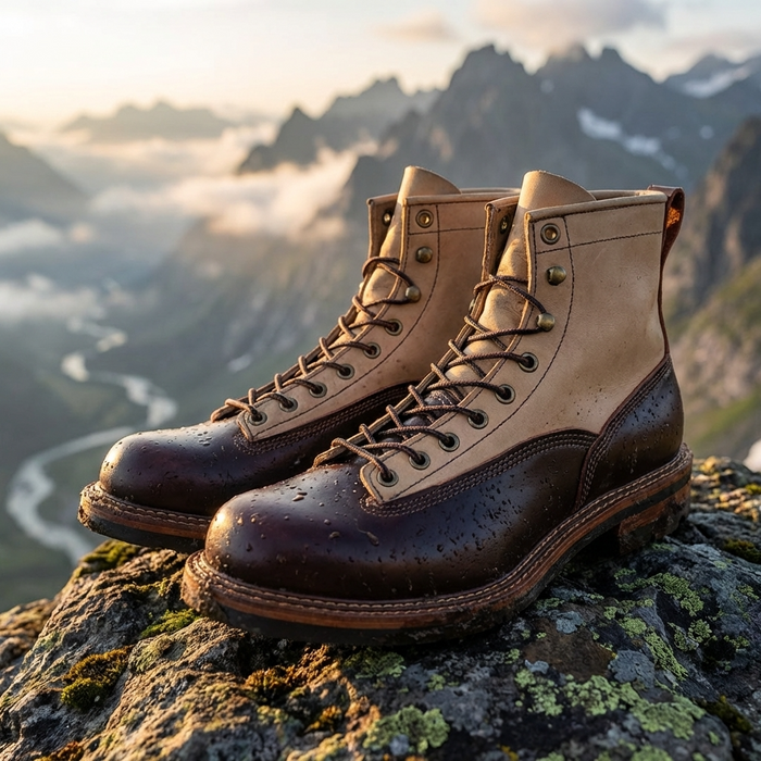 Men Genuine Leather Cowboy Work Boots – Premium Top-Grain Cowhide Lace-Up Motorcycle Western High-Top Ankle Boots