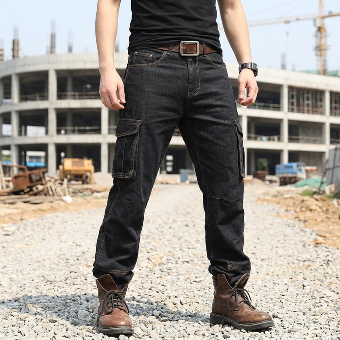 Men's 100% Cotton Straight-Leg Jeans  Overalls – Multi-Pocket Stone Wash