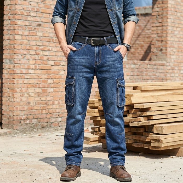 Men's 100% Cotton Straight-Leg Jeans  Overalls – Multi-Pocket Stone Wash