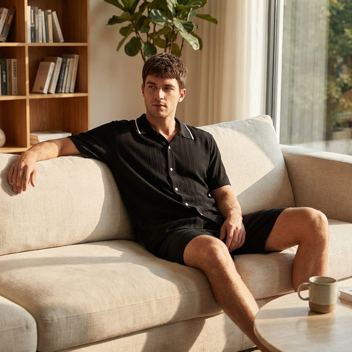 Men’s 100% Viscose Knitwear Set – Breathable Short Sleeve Shirt & Shorts Two-Piece Outfit with Lightweight Comfort & Casual Street Style