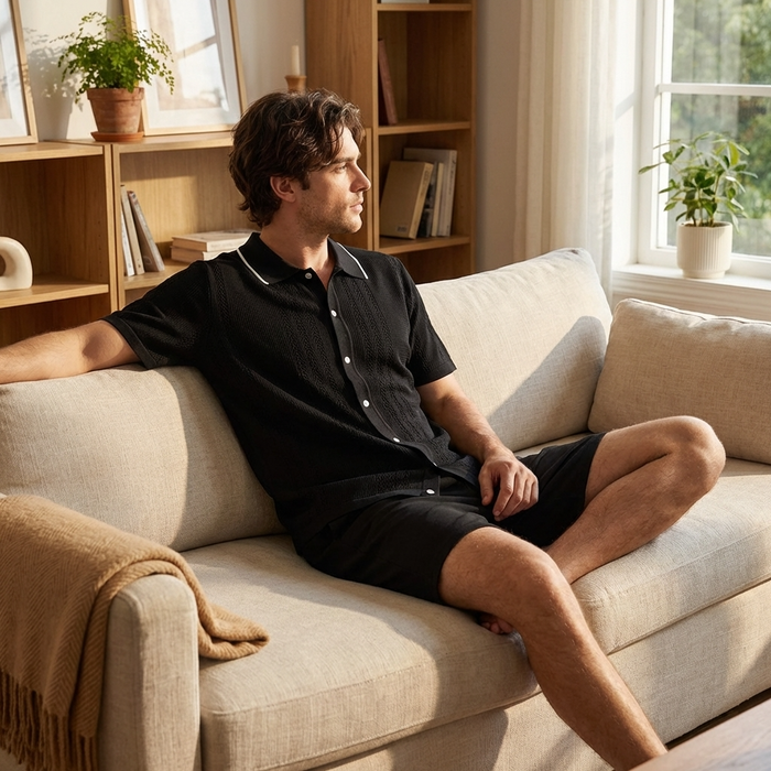 Men’s 100% Viscose Knitwear Set – Breathable Short Sleeve Shirt & Shorts Two-Piece Outfit with Lightweight Comfort & Casual Street Style