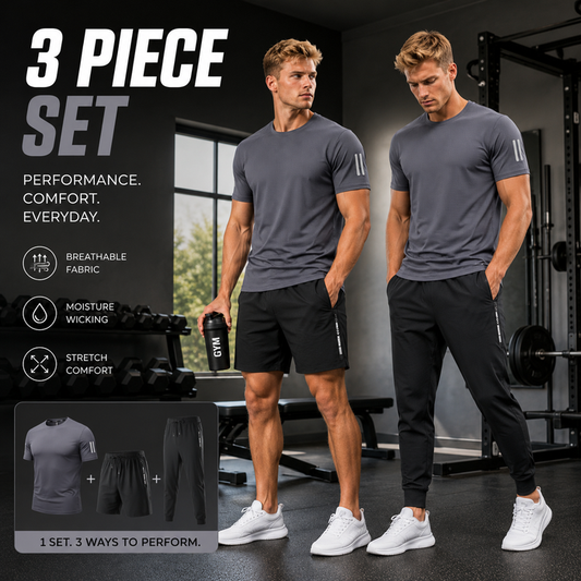 Men's 3-Piece Ice Silk Gym Set – T-Shirt, Shorts & Joggers