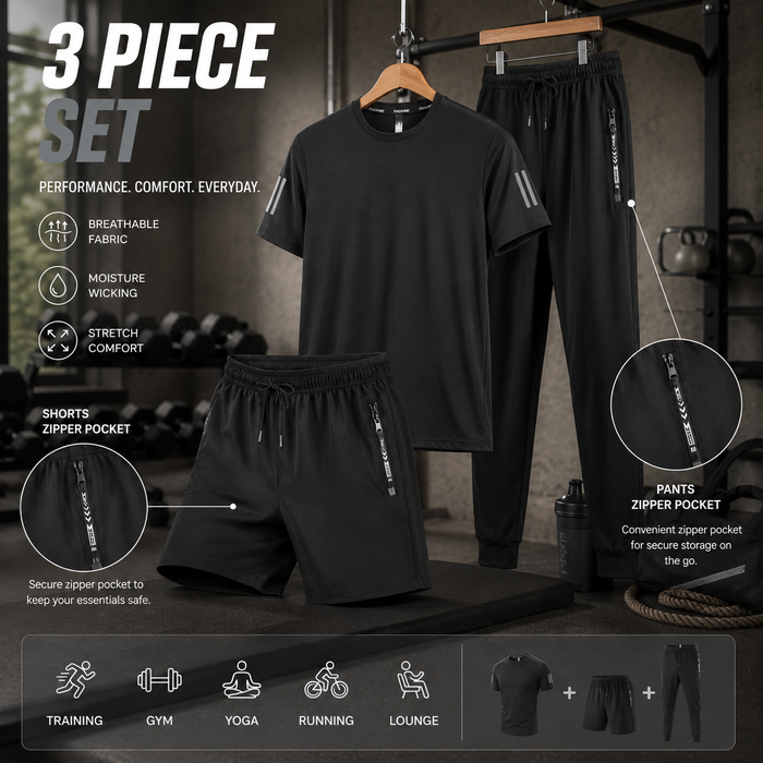 Men's 3-Piece Ice Silk Gym Set – T-Shirt, Shorts & Joggers