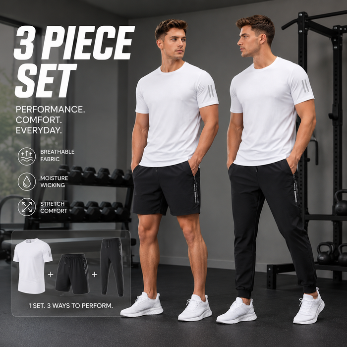 Men's 3-Piece Ice Silk Gym Set – T-Shirt, Shorts & Joggers