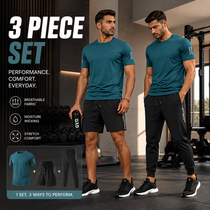 Men's 3-Piece Ice Silk Gym Set – T-Shirt, Shorts & Joggers