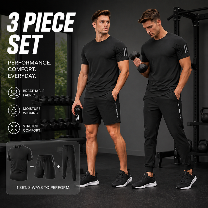 Men's 3-Piece Ice Silk Gym Set – T-Shirt, Shorts & Joggers