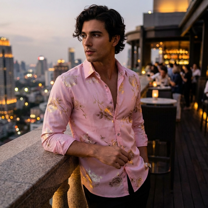 Men's 3D Floral Print Long Sleeve Shirt – Stretch Slim Fit Urban Lapel