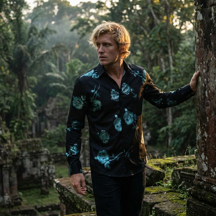 Men's 3D Floral Print Long Sleeve Shirt – Stretch Slim Fit Urban Lapel
