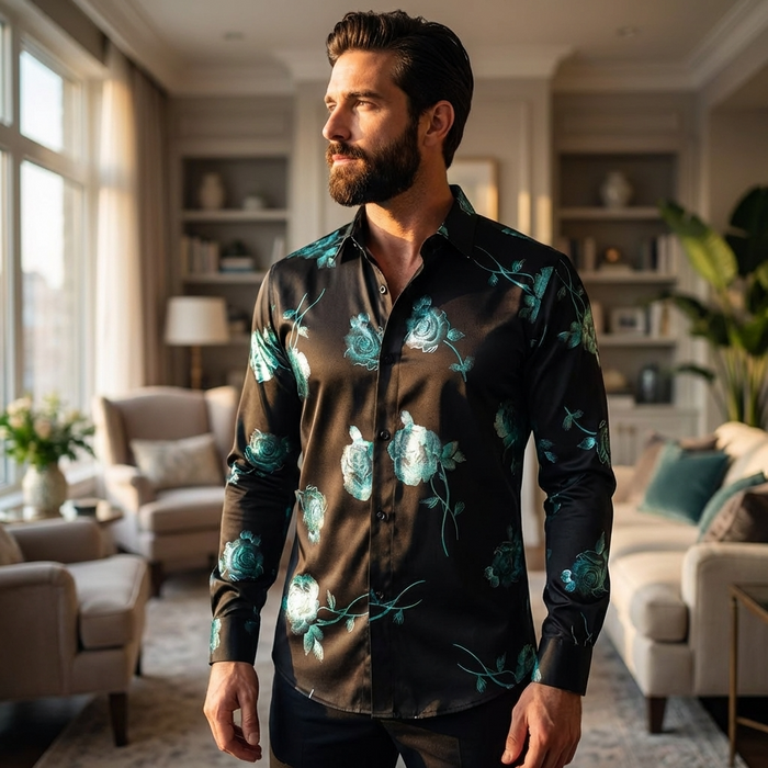 Men's 3D Floral Print Long Sleeve Shirt – Stretch Slim Fit Urban Lapel