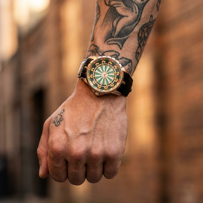 Rose gold shell green face gold man
