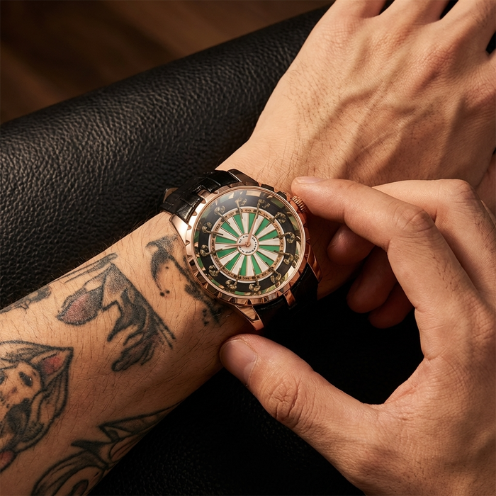 Rose gold shell green face black man