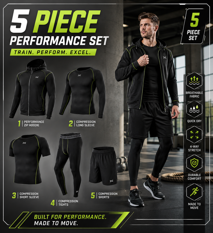 Men's 5-Piece Patchwork Jacket Athletic Workout Set