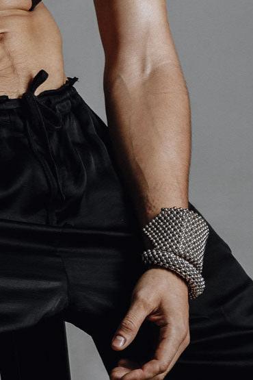 silver handcrafted modular Men's Artemisia Wide Supple Cuff by object and dawn close up
