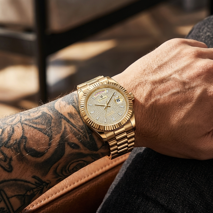 Men's Automatic Calendar Watch – Stainless Steel Mechanical Timepiece with Day-Date Display, Mineral Crystal & Waterproof Design