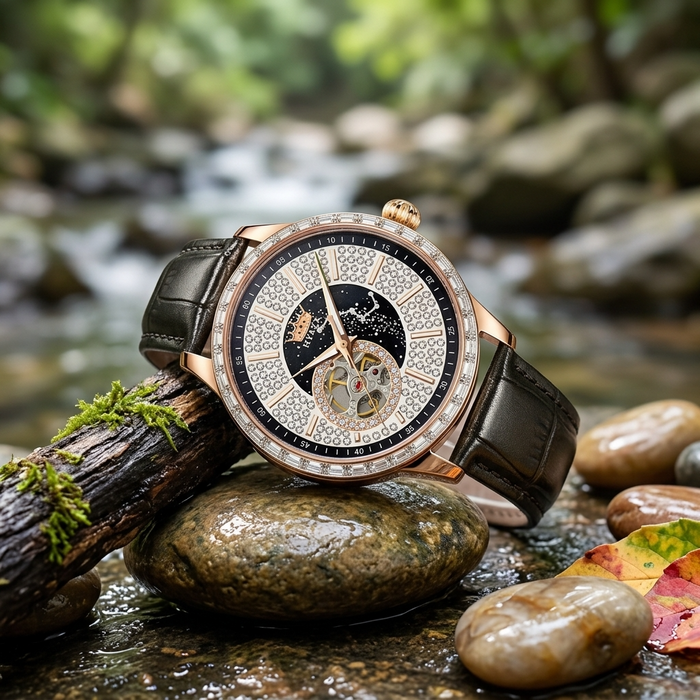 Men's Automatic Mechanical Watch – Diamond Dial, Sapphire Crystal, Hollow Case