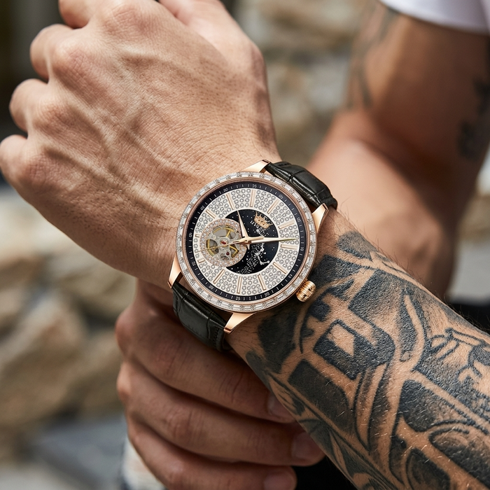 Men's Automatic Mechanical Watch – Diamond Dial, Sapphire Crystal, Hollow Case