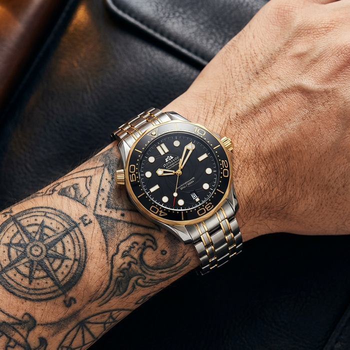 Men's Automatic Mechanical Watch – Luminous Two-Tone Gold & Steel 42mm Calendar Wristwatch, 2 Dial Styles