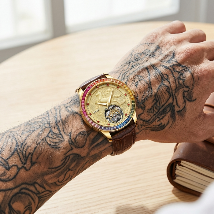 Men's Automatic Mechanical Watch – Rose Gold, Hollow Dial & Leather Strap