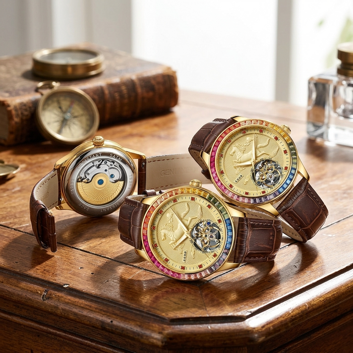 Men's Automatic Mechanical Watch – Rose Gold, Hollow Dial & Leather Strap