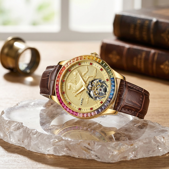 Men's Automatic Mechanical Watch – Rose Gold, Hollow Dial & Leather Strap