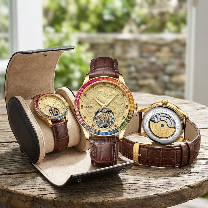 Men's Automatic Mechanical Watch – Rose Gold, Hollow Dial & Leather Strap