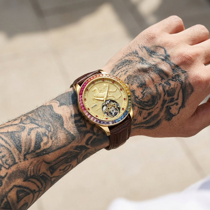 Men's Automatic Mechanical Watch – Rose Gold, Hollow Dial & Leather Strap