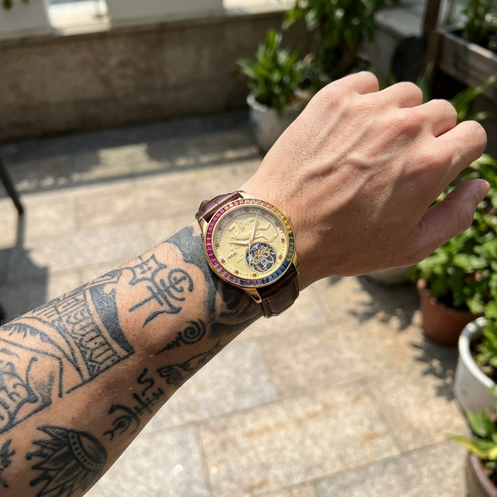 Men's Automatic Mechanical Watch – Rose Gold, Hollow Dial & Leather Strap