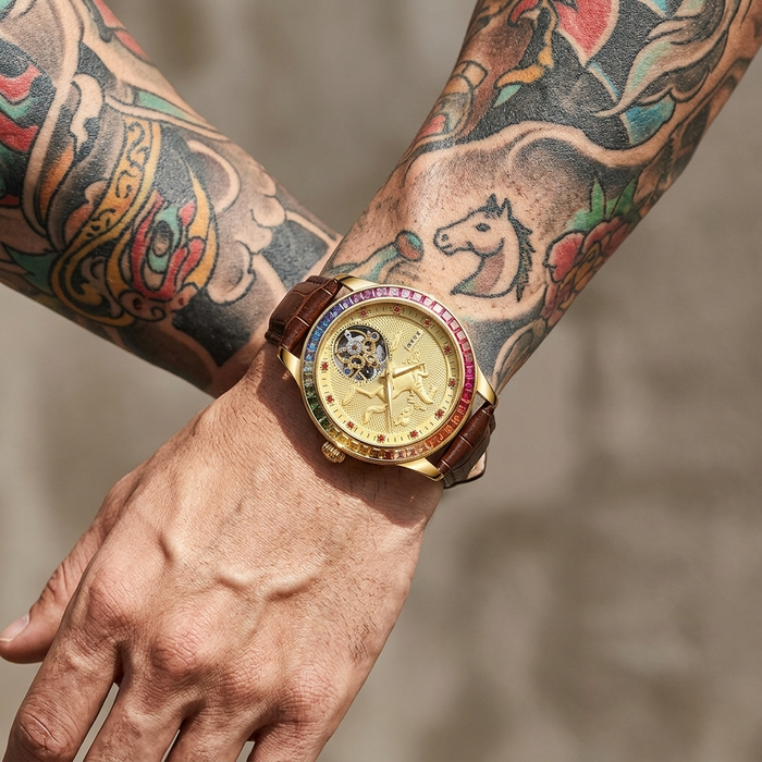Men's Automatic Mechanical Watch – Rose Gold, Hollow Dial & Leather Strap