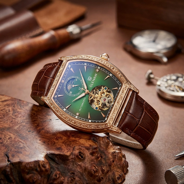 Men's Automatic Mechanical Wrist Watch – Barrel Case, Luminous Dial, Genuine Leather Strap, 42mm