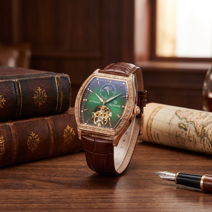Men's Automatic Mechanical Wrist Watch – Barrel Case, Luminous Dial, Genuine Leather Strap, 42mm